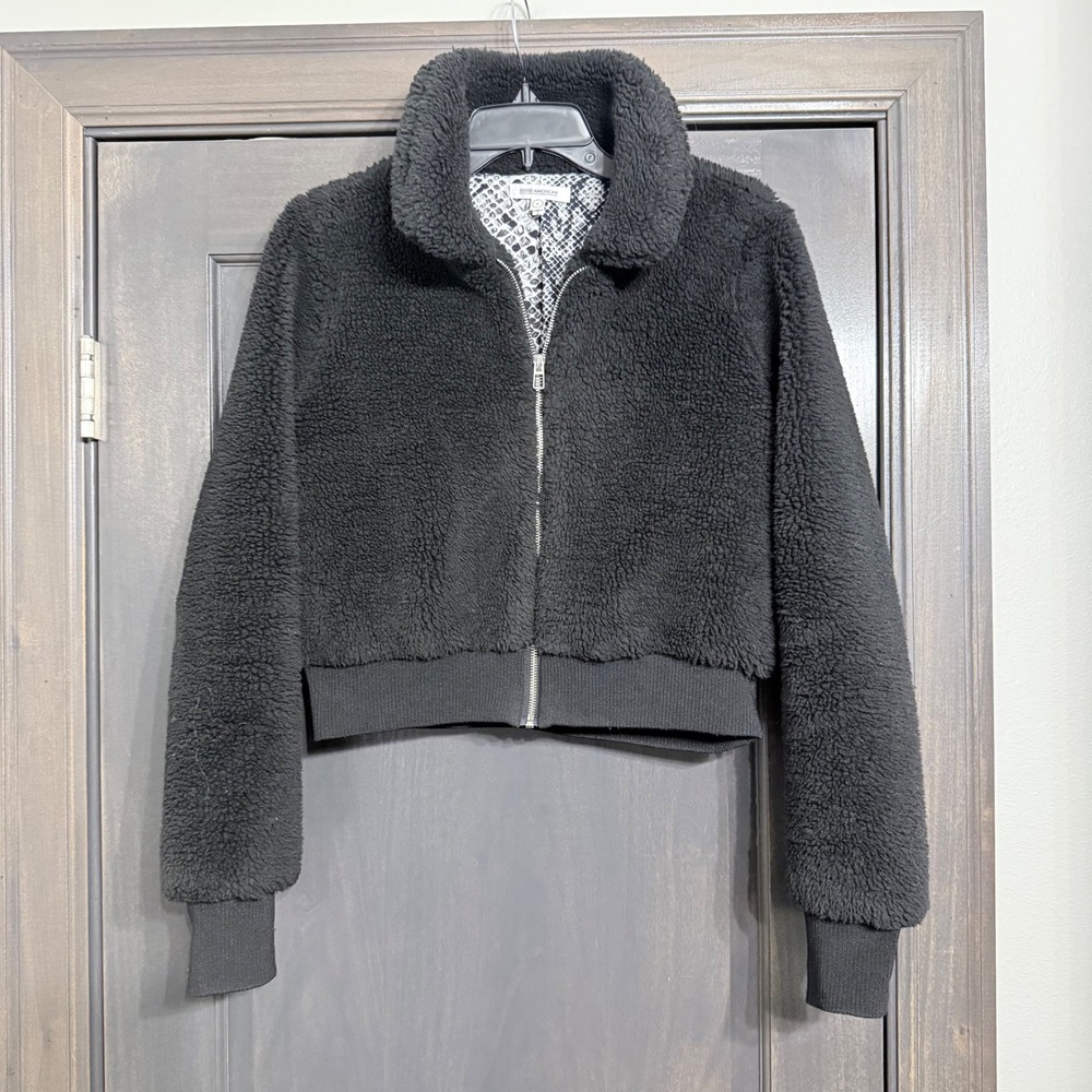 Good American Black Sherpa Cropped Bomber Jacket Snakeskin Lining Size 2 M